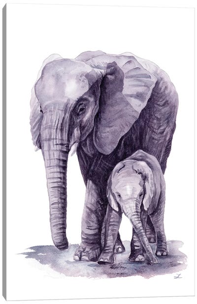 Mother Elephant With Her Calf Canvas Art Print - Zaira Dzhaubaeva