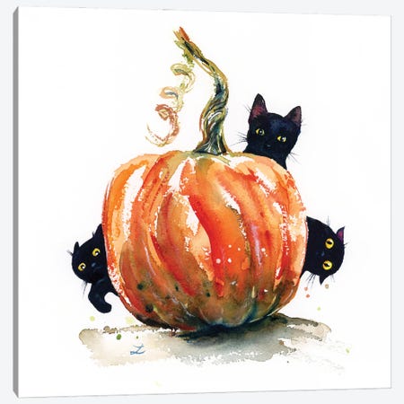 Three Black Kittens And Pumpkin Canvas Print #ZDZ286} by Zaira Dzhaubaeva Canvas Art