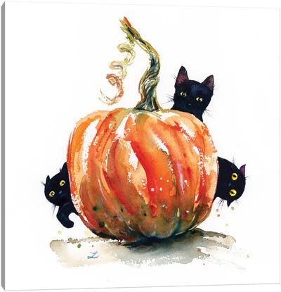 Three Black Kittens And Pumpkin Canvas Art Print - Zaira Dzhaubaeva