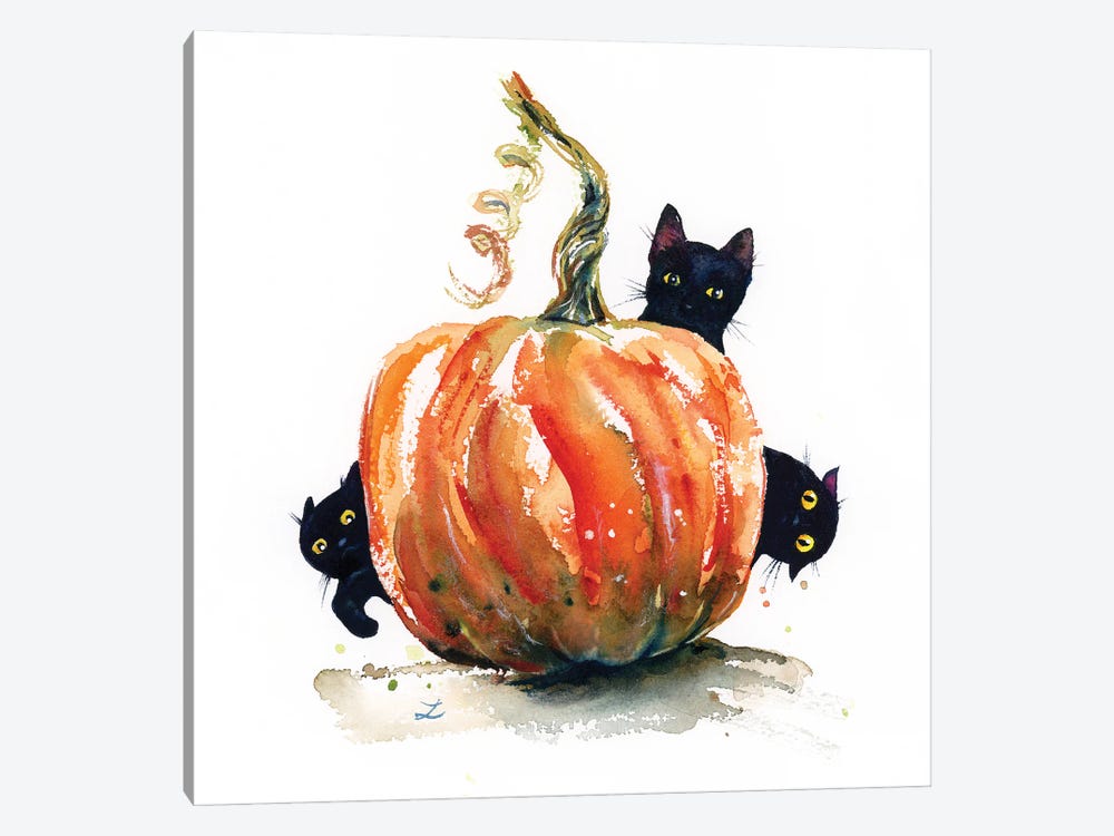 Three Black Kittens And Pumpkin by Zaira Dzhaubaeva 1-piece Canvas Print