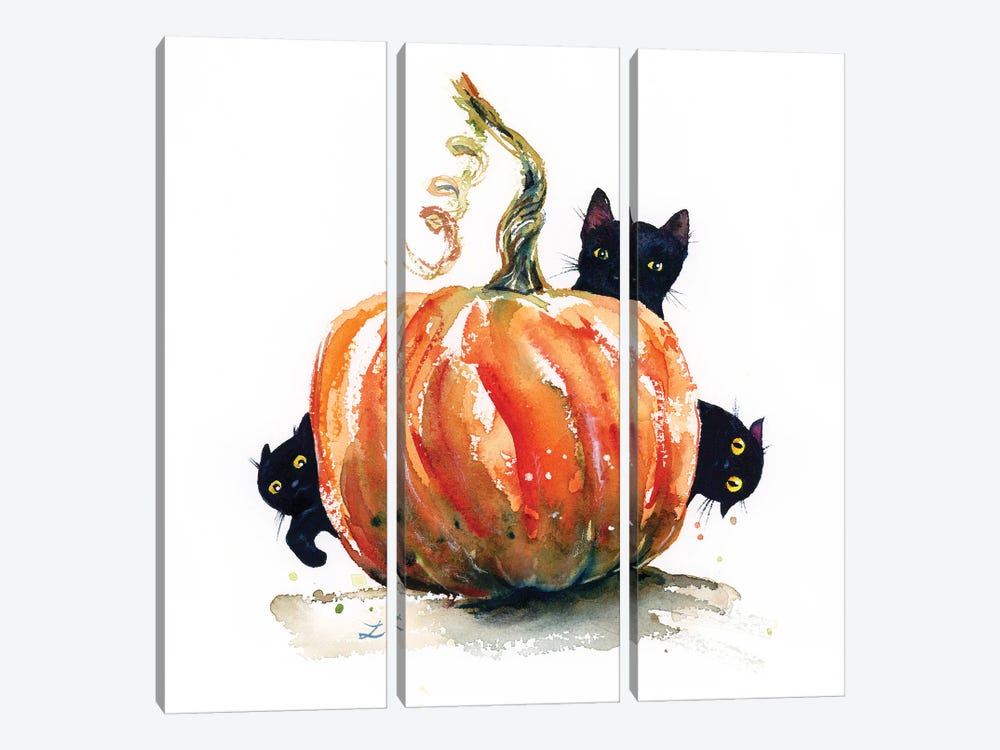 Three Black Kittens And Pumpkin by Zaira Dzhaubaeva 3-piece Canvas Print