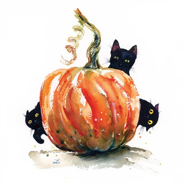 Zaira Dzhaubaeva: Three Black Kittens And Pumpkin by Zaira Dzhaubaeva