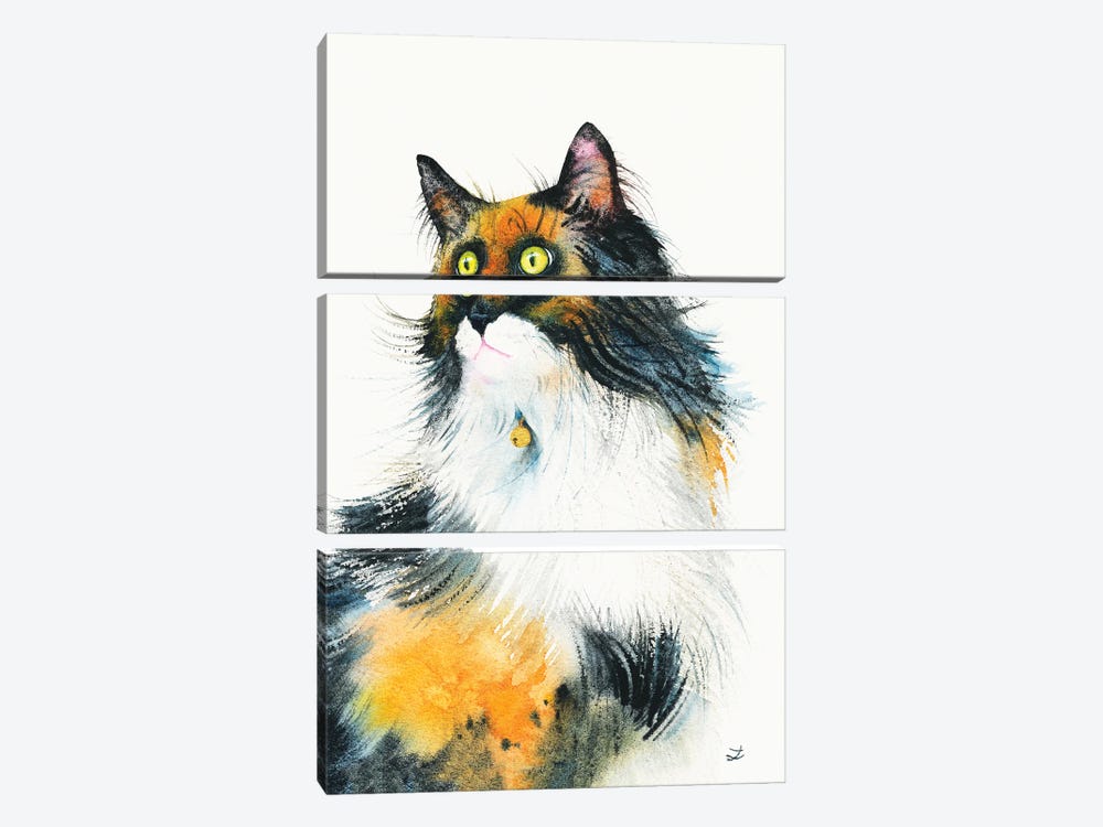 Calico Cat With Golden Bell by Zaira Dzhaubaeva 3-piece Canvas Print