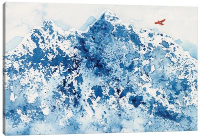 Red Plane Over Snowy Mountains Canvas Art Print - Subtle Landscapes