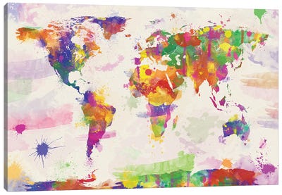Colorful Watercolour World Map Canvas Art Print - Maps & Geography
