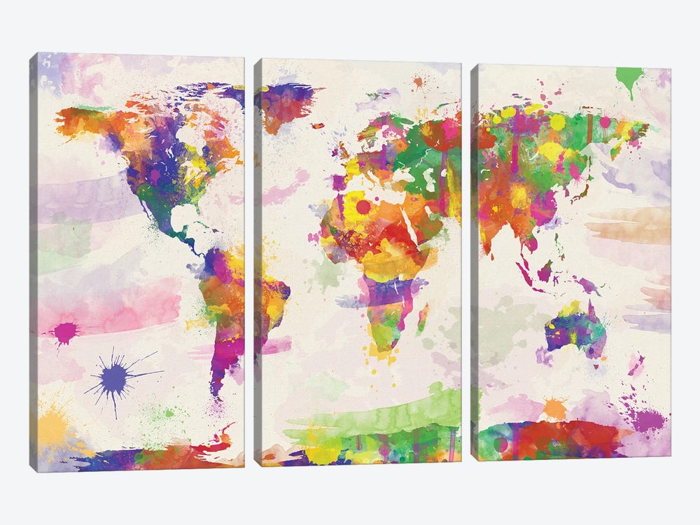 Colorful Watercolour World Map by Zaira Dzhaubaeva 3-piece Canvas Artwork