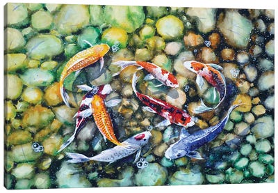 Eight Koi Fish Playing With Bubbles Canvas Art Print - Koi Fish Art