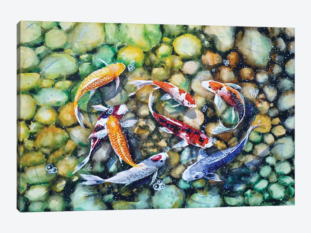 Eight Koi Fish Playing With Bubbles by Zaira Dzhaubaeva 1-piece Canvas Artwork