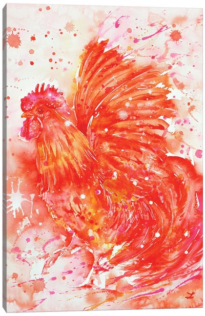 Flaming Rooster Canvas Art Print - Pantone Living Coral 2019