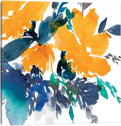 Indigo Flower I Canvas Art Print - Sargrasso Sea, Quetzal Green & Russet Orange