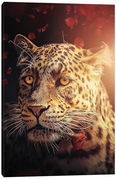 The Leopard With The Rose Canvas Art Print - Leopard Art
