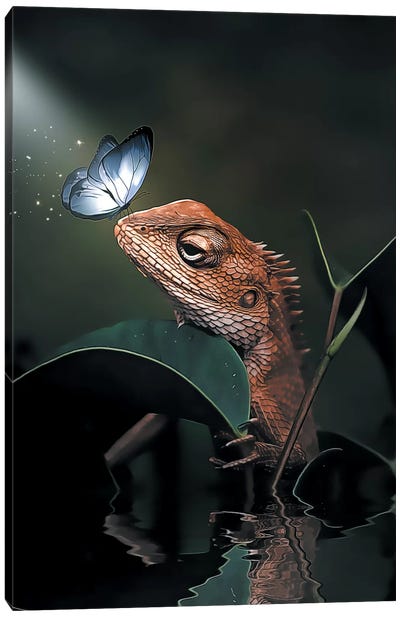 The Iguana & Butterfly Canvas Art Print - Lizard Art