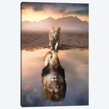 Lion Reflection Canvas Print #ZGA176} by Zenja Gammer Canvas Wall Art
