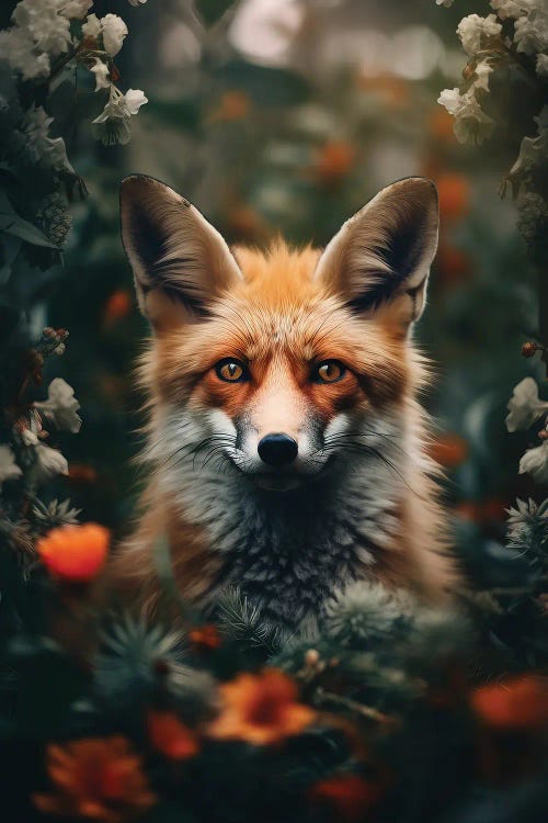 Fox Hiding Between Flowers