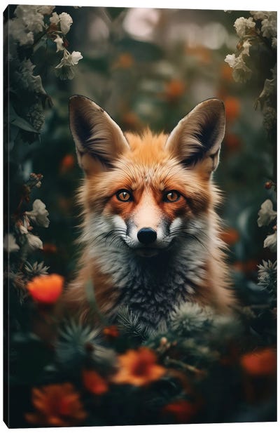 Fox Hiding Between Flowers Canvas Art Print - Zenja Gammer