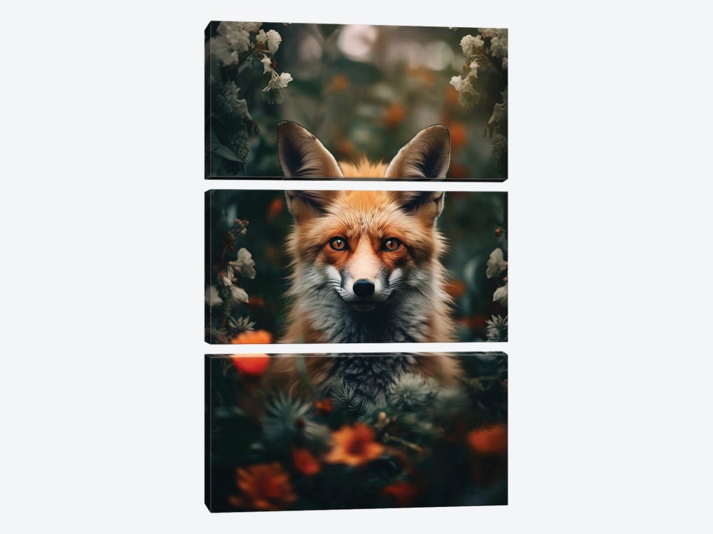 Fox Hiding Between Flowers by Zenja Gammer 3-piece Canvas Wall Art