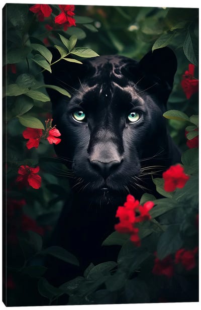 Black Panther Flowers Canvas Art Print - Wild Cat Art