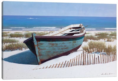 Blue Boat on Beach Canvas Art Print - By Interest
