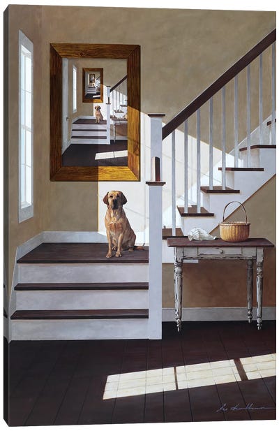 Droste and Dog On Stairs Canvas Art Print - Stairs & Staircases