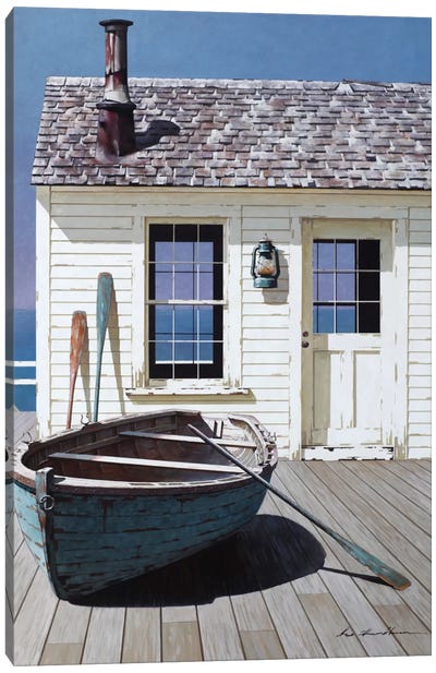 Blue Boat On Deck Canvas Art Print - Rowboat Art