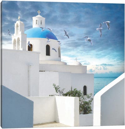 Grecian Blue I Canvas Art Print - Blue Domed Church Santorini