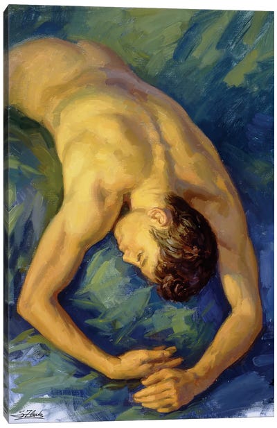 Model On Green Background Canvas Art Print - Male Nude Art
