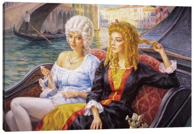 Scene In Gondola Venice Canvas Art Print - Serguei Zlenko