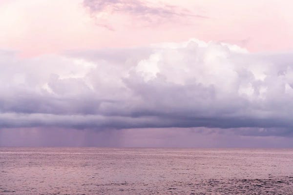 Christine Zalewski: Pacific Ocean Sunrise With Fluffy Rain Clouds In Very Peri And Rose Pink I by Christine Zalewski
