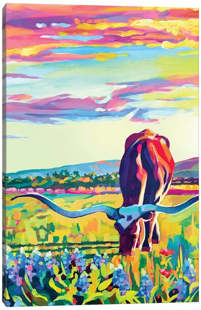 Texas Longhorn Sunset Canvas Art Print - Sunrise & Sunset Art