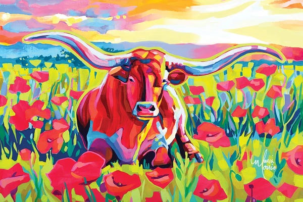 Fine Art Print: Texas Longhorn In Red Poppies by Maria Morris