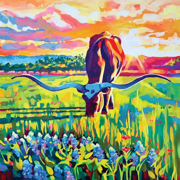 Farm Animals: Longhorn With Bluebonnets by Maria Morris