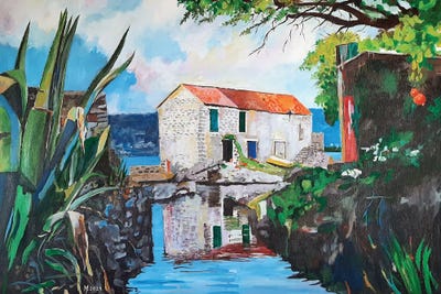 Large | 37"-48" - Framed Canvas Art: Mediterranean Stone House by Zoran Mihajlovic Muza