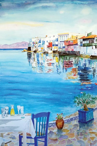 Large | 37"-48" - Framed Canvas Art: Greetings From Mykonos by Zoran Mihajlovic Muza