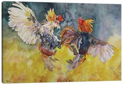 Game Of Roosters Canvas Art Print - Yellow Art
