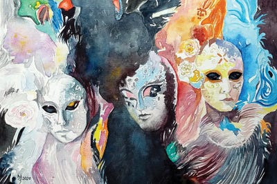 Large | 37"-48" - Framed Canvas Art: Masks Of Venice by Zoran Mihajlovic Muza