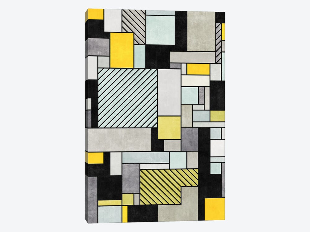 Random Concrete Pattern - Yellow, Blue, Grey by Zoltan Ratko 1-piece Canvas Wall Art