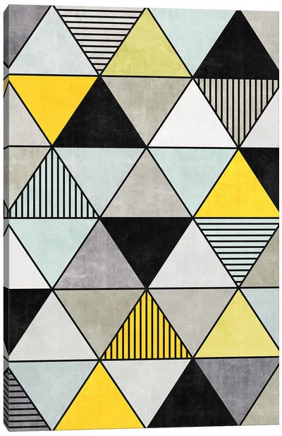 Colorful Concrete Triangles 2 - Yellow, Blue, Grey Canvas Art Print - Pantone 2021 Ultimate Gray & Illuminating