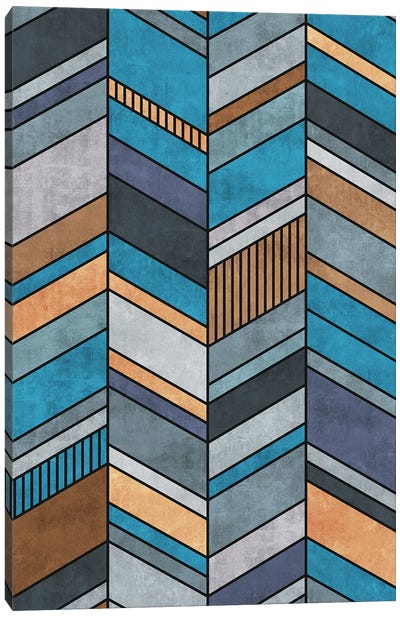 Colorful Concrete Chevron Pattern - Blue, Grey, Brown Canvas Art Print - Zoltan Ratko