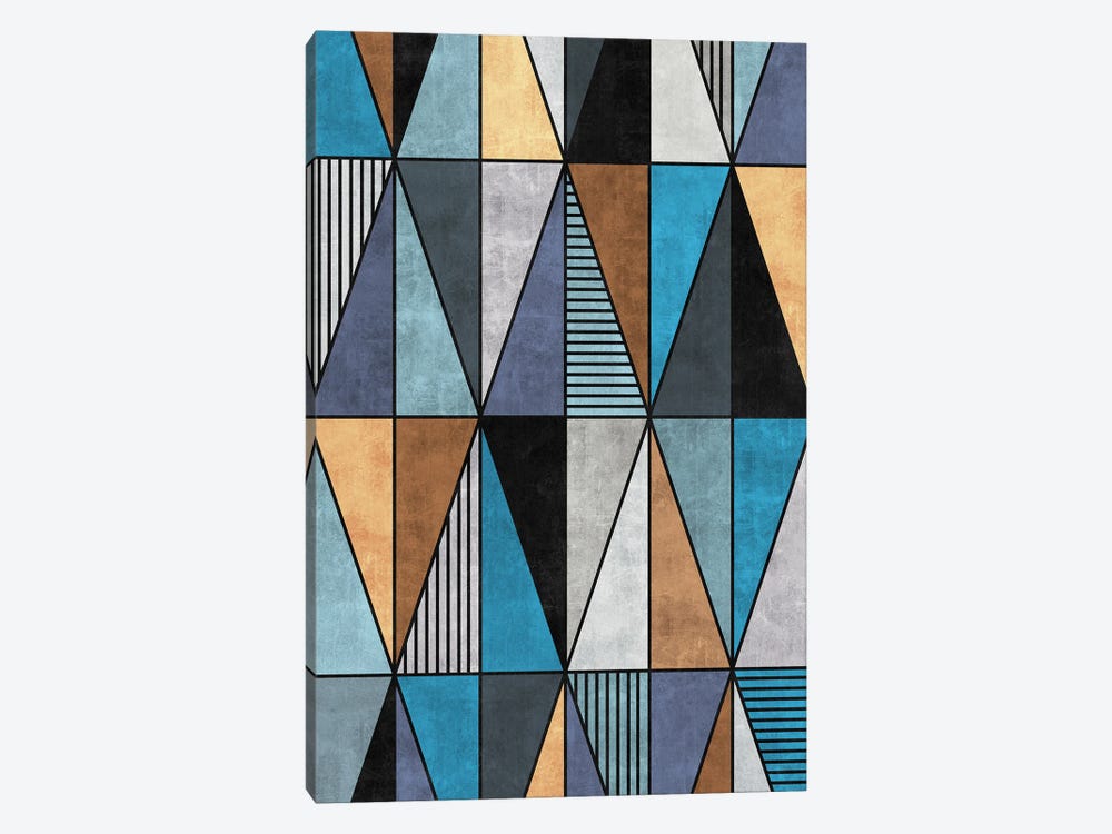 Colorful Concrete Triangles - Blue, Grey, Brown by Zoltan Ratko 1-piece Canvas Wall Art