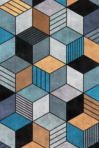 Geometric Patterns: Colorful Concrete Cubes 2 - Blue, Grey, Brown by Zoltan Ratko
