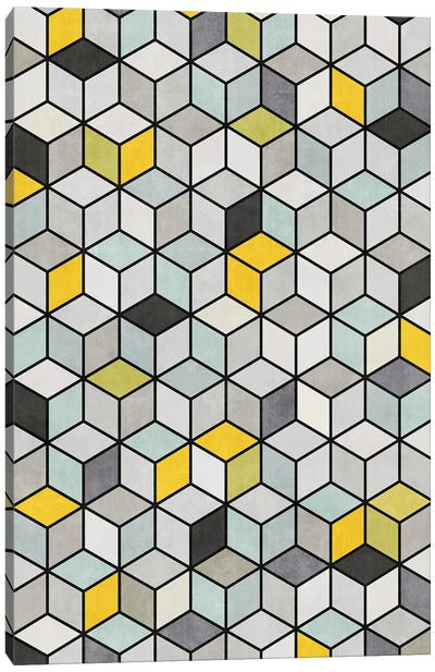 Colorful Concrete Cubes - Yellow, Blue, Grey Canvas Art Print - Pantone 2021 Ultimate Gray & Illuminating