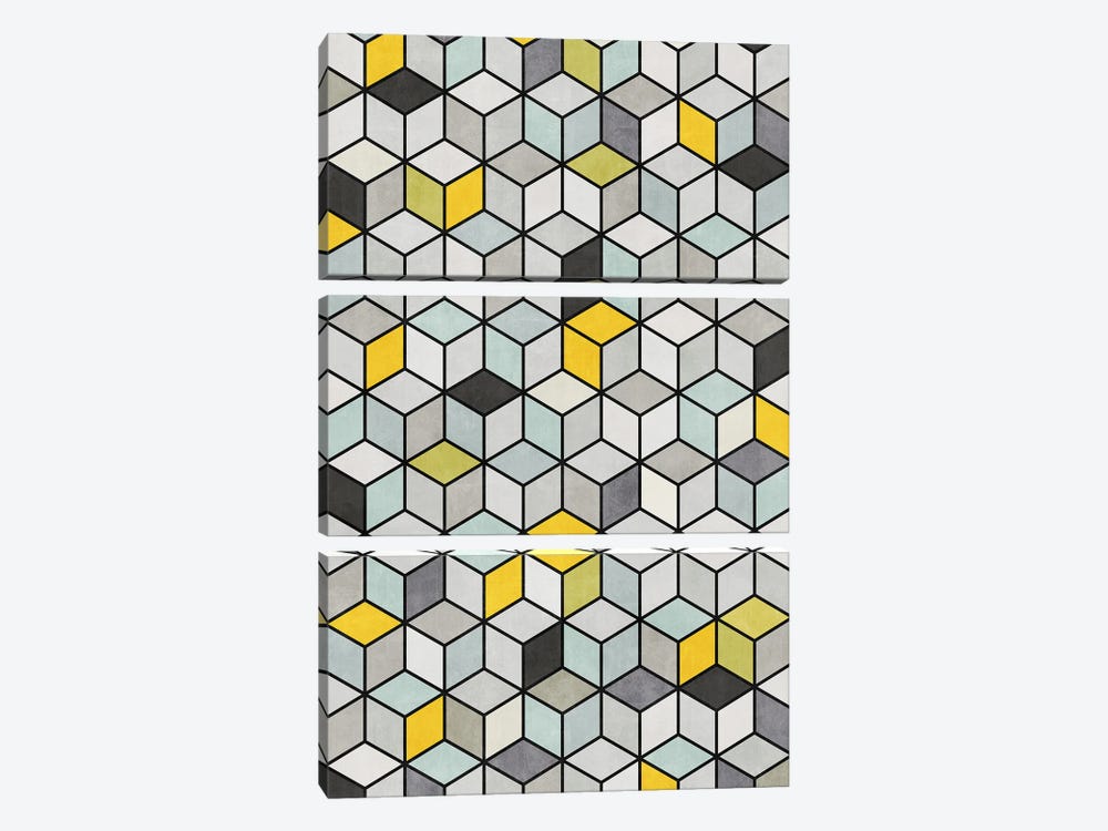 Colorful Concrete Cubes - Yellow, Blue, Grey by Zoltan Ratko 3-piece Canvas Print