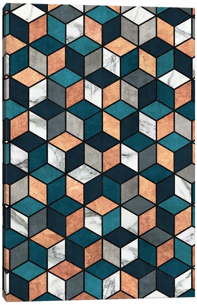 Copper, Marble and Concrete Cubes with Blue Canvas Art Print - Zoltan Ratko