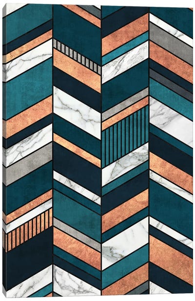 Abstract Chevron Pattern - Copper, Marble, and Blue Concrete Canvas Art Print - Zoltan Ratko