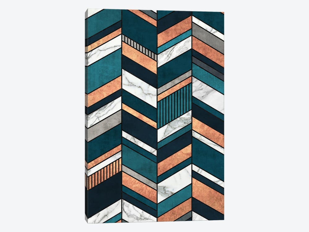 Abstract Chevron Pattern - Copper, Marble, and Blue Concrete by Zoltan Ratko 1-piece Canvas Wall Art