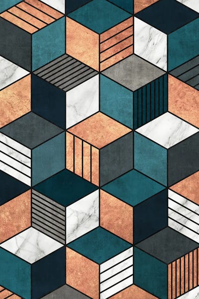 Copper, Marble and Concrete Cubes 2 with Blue by Zoltan Ratko framed wall art