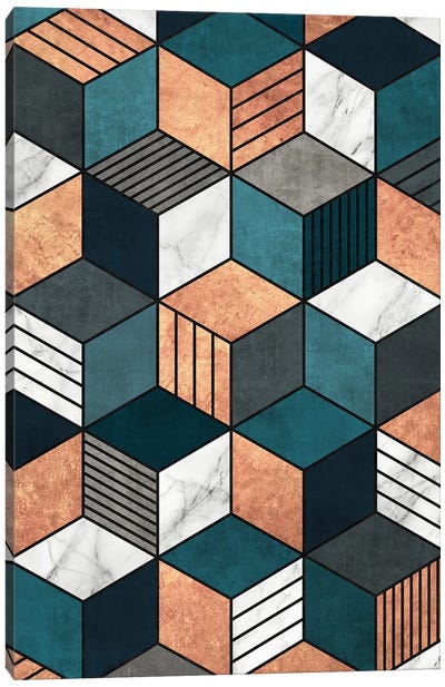 Copper, Marble and Concrete Cubes 2 with Blue Canvas Art Print - Zoltan Ratko