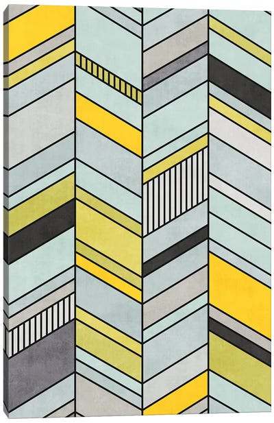 Colorful Concrete Chevron Pattern - Yellow, Blue, Grey Canvas Art Print - Pantone 2021 Ultimate Gray & Illuminating