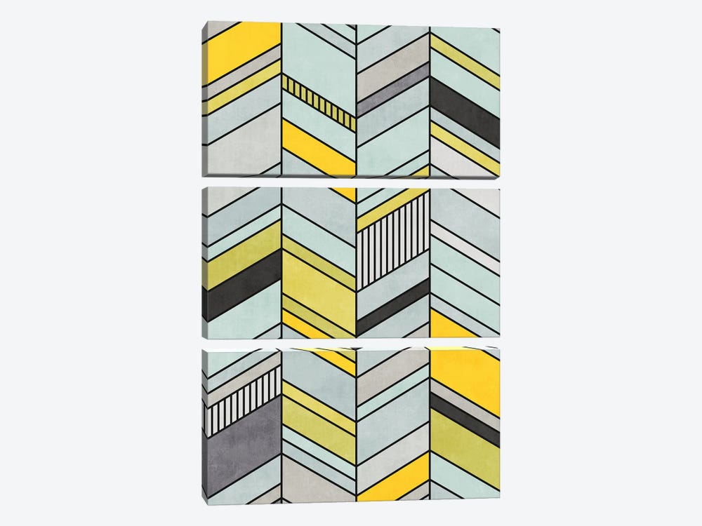 Colorful Concrete Chevron Pattern - Yellow, Blue, Grey by Zoltan Ratko 3-piece Canvas Print