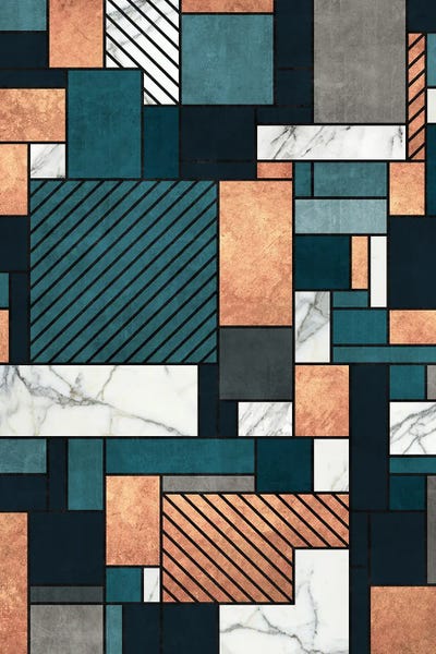 Random Pattern - Copper, Marble, and Blue Concrete by Zoltan Ratko framed wall art